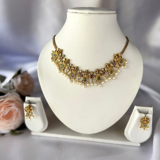 Antique Emerald and Ruby Stones Lakshmi Temple Necklace