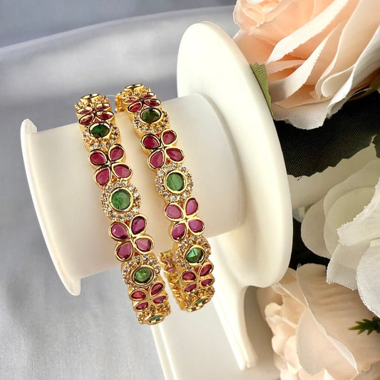 Royal Ruby & Emerald Floral AD Bangle (2pcs)