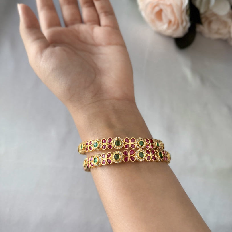 Royal Ruby & Emerald Floral AD Bangle (2pcs)