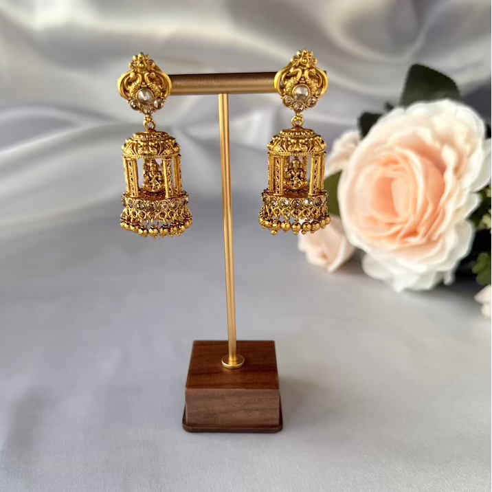 Antique Gold Lakshmi Mandapam Jhumkas
