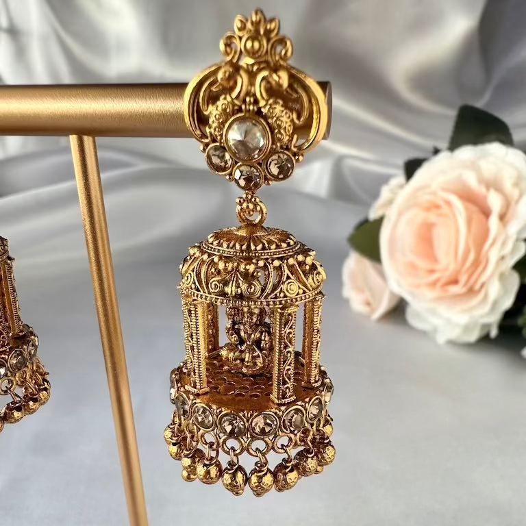 Antique Gold Lakshmi Mandapam Jhumkas