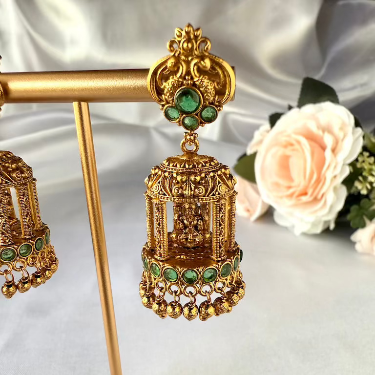 Antique Gold Lakshmi Mandapam Jhumkas