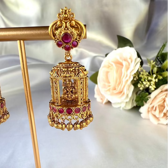 Antique Gold Lakshmi Mandapam Jhumkas