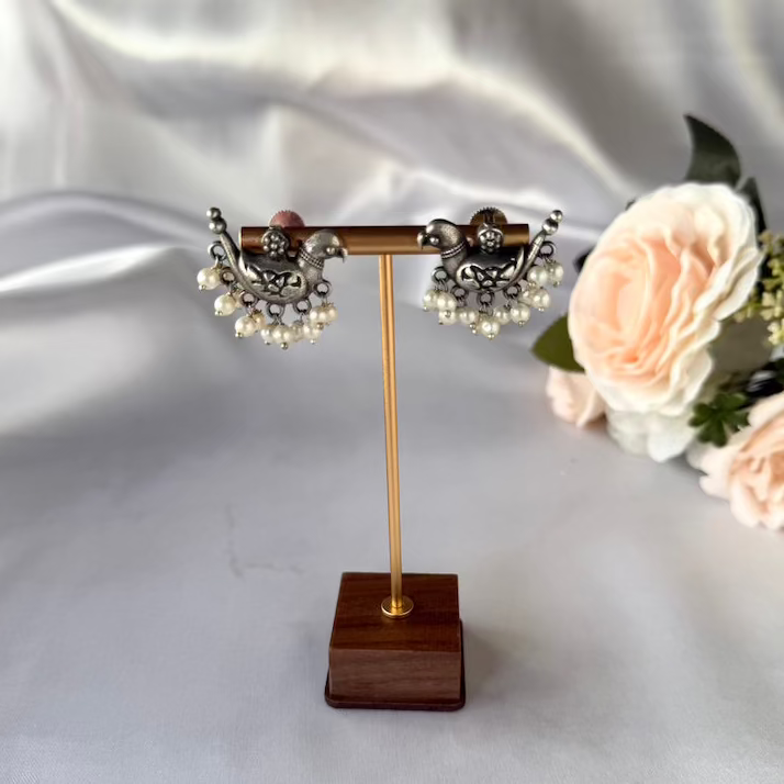 Oxidised Silver Bird & Pearl Motif Studs