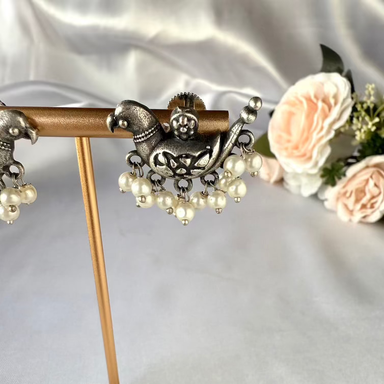 Oxidised Silver Bird & Pearl Motif Studs