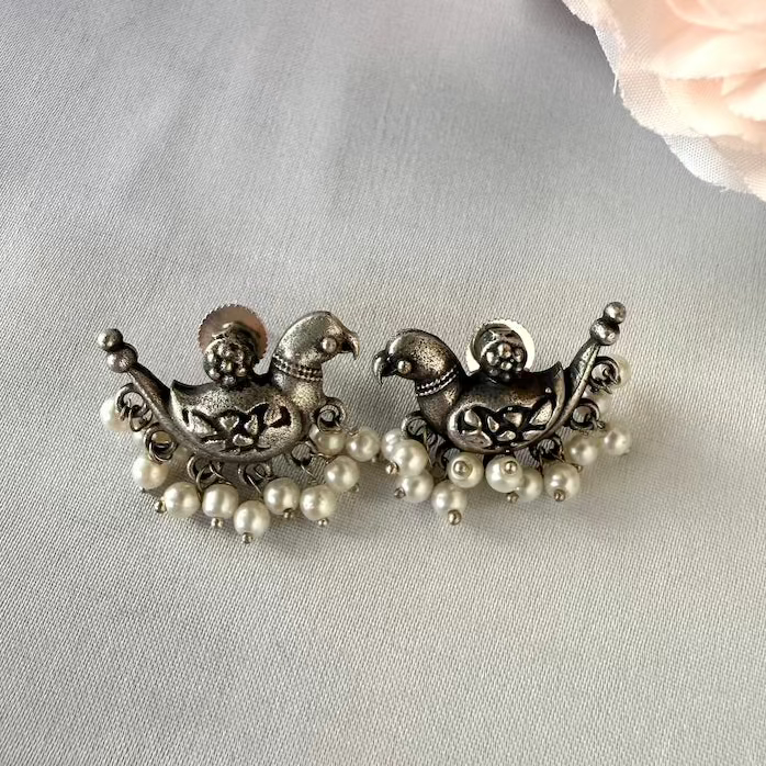 Oxidised Silver Bird & Pearl Motif Studs