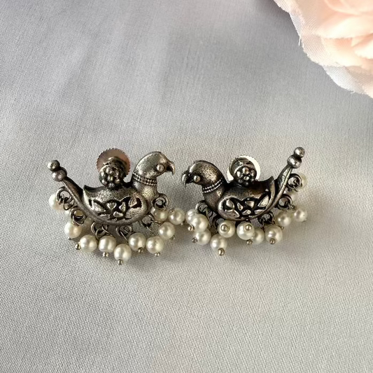 Oxidised Silver Bird & Pearl Motif Studs