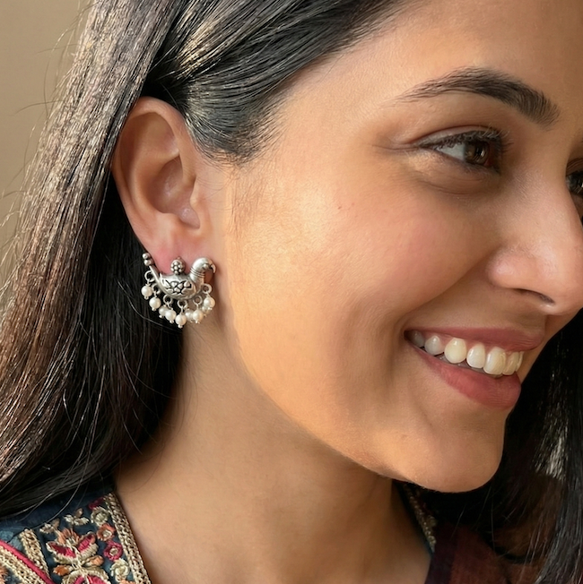Oxidised Silver Bird & Pearl Motif Studs