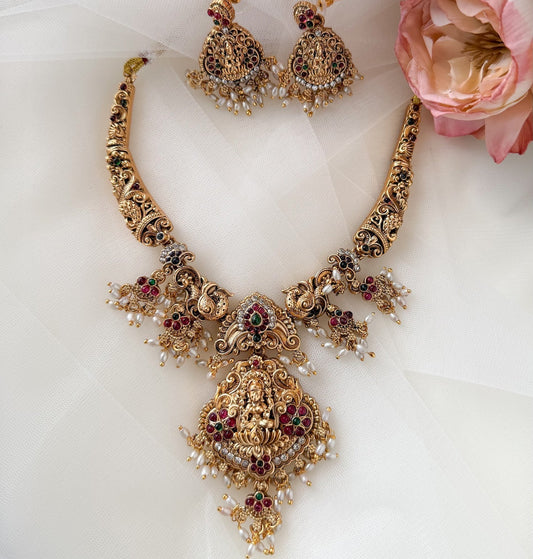 Antique Gold Pearl and Stone Lakshmi Necklace Set