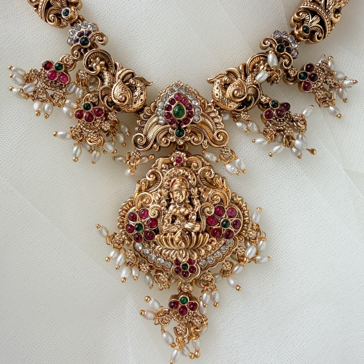 Antique Gold Pearl and Stone Lakshmi Necklace Set
