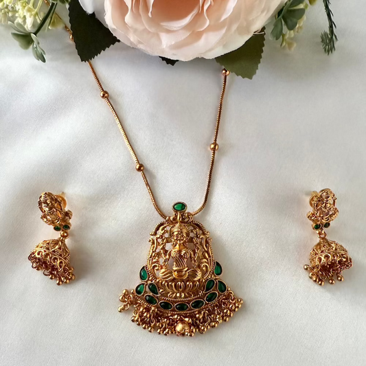 Divine Lakshmi Antique Pendant Set - Green