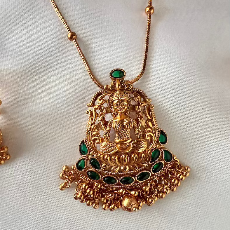 Divine Lakshmi Antique Pendant Set - Green